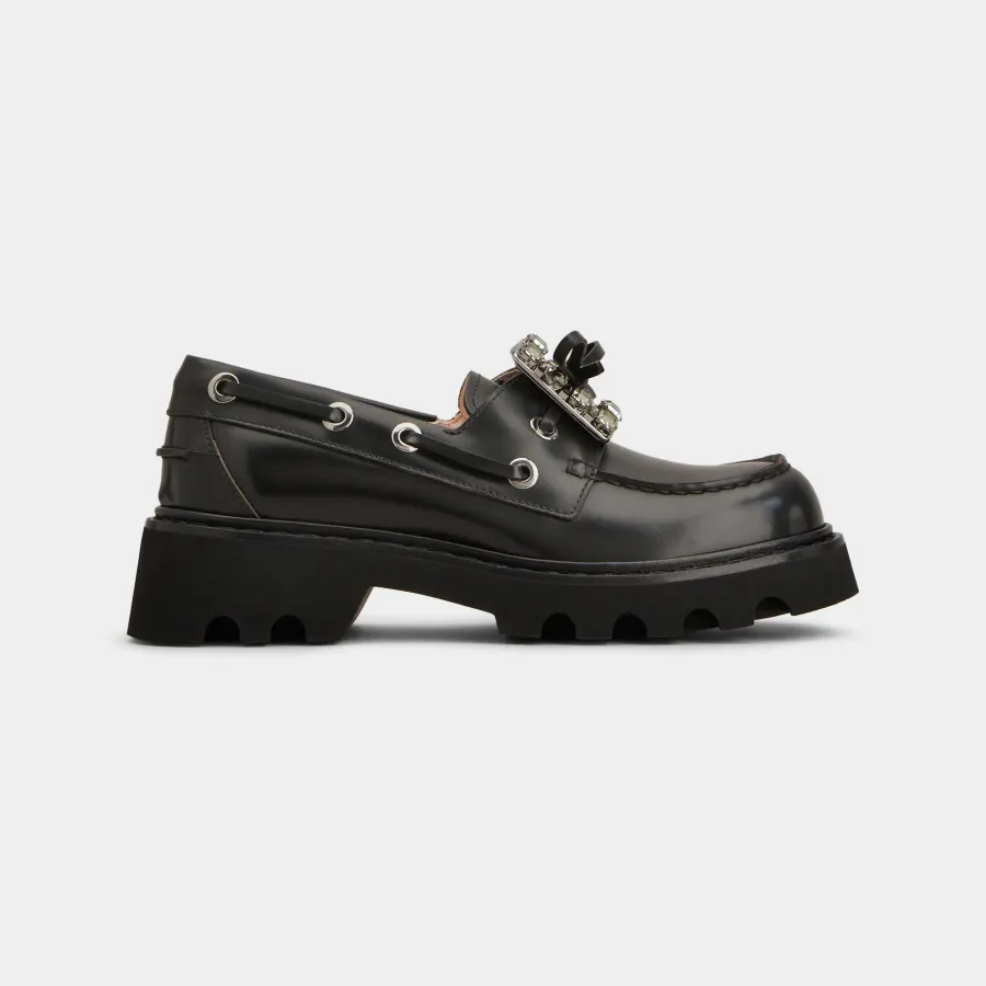 Roger Vivier Viv' Rangers Truck Boat Shoes Loafers In Black Leather With Crystal Buckle (Heel Height 4.5cm)