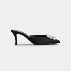 Roger Vivier Efflorescence Mules High Heels In Black Satin With Crystal Buckle (Heel Height 6.5cm)