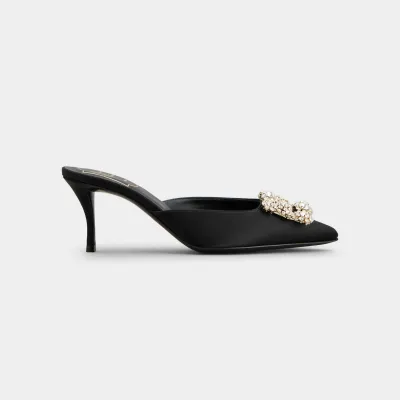 Roger Vivier Efflorescence Mules High Heels In Black Satin With Crystal Buckle (Heel Height 6.5cm)