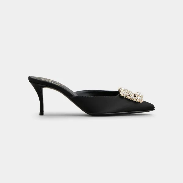 Roger Vivier Efflorescence Mules High Heels In Black Satin With Crystal Buckle (Heel Height 6.5cm)