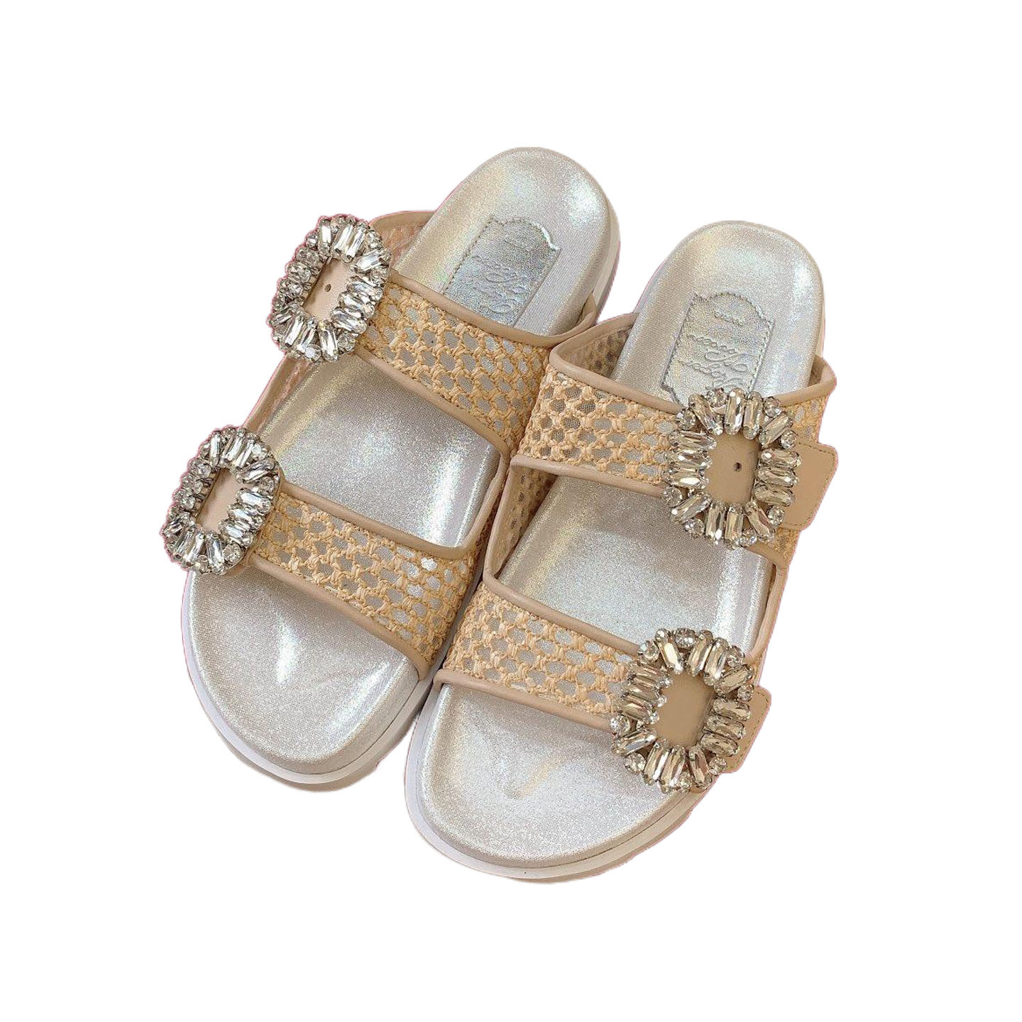 Roger Vivier Slidy Viv' Mules Sandalhas em Tecido Trançado com Fivela de Cristal