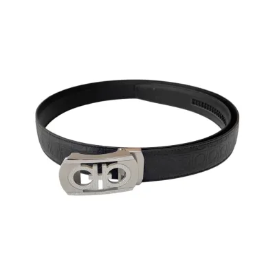 Ferragamo Men's Rectangled Double Gancini Buckle Belt In Black Calfskin With Gold/Silver Hardware 35mm