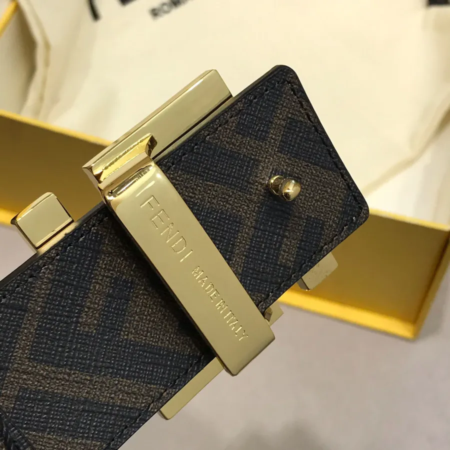 Fendi Men's FF Reversible Belt In White/Black Calfskin And FF Monogram Canvas With Gold/Silver Hardware 38mm