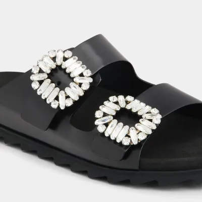 Roger Vivier Slidy Viv' Mules Sandals In Black Leather With Crystal Buckle