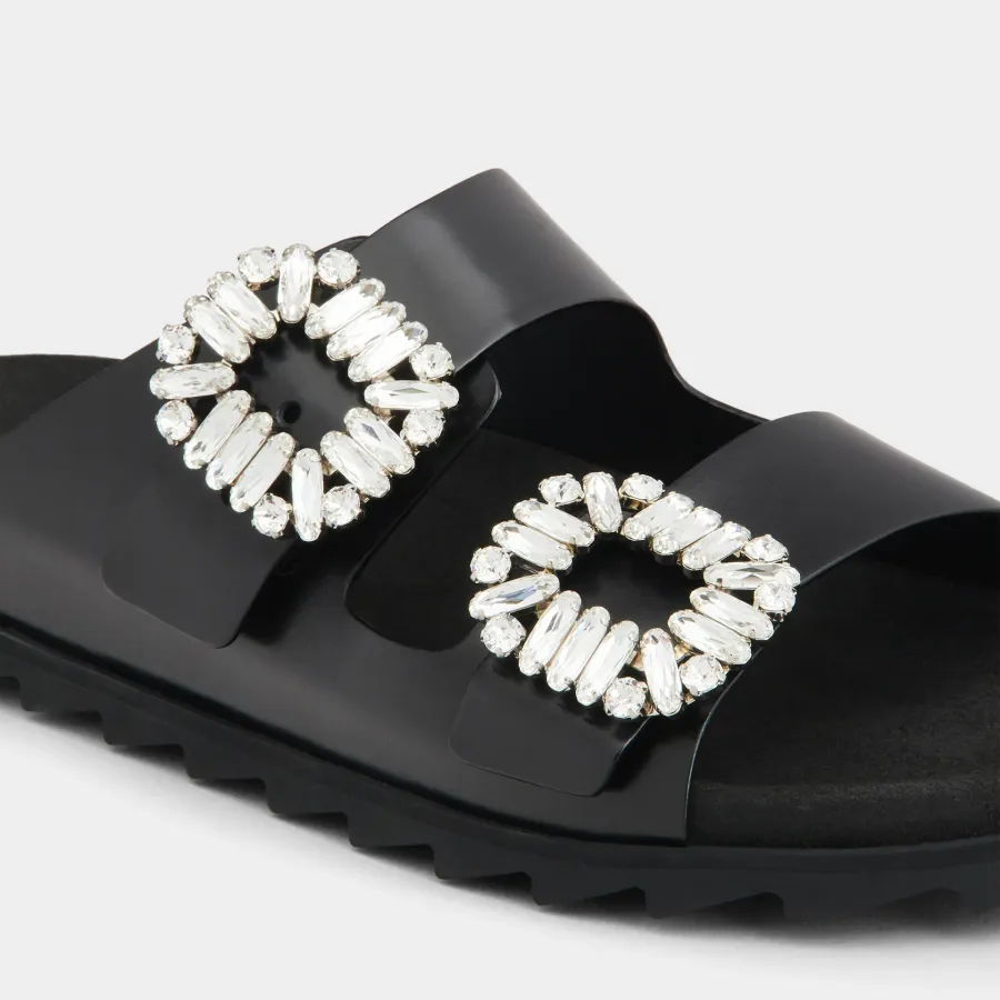 Roger Vivier Slidy Viv' Mules Sandals In Black Leather With Crystal Buckle