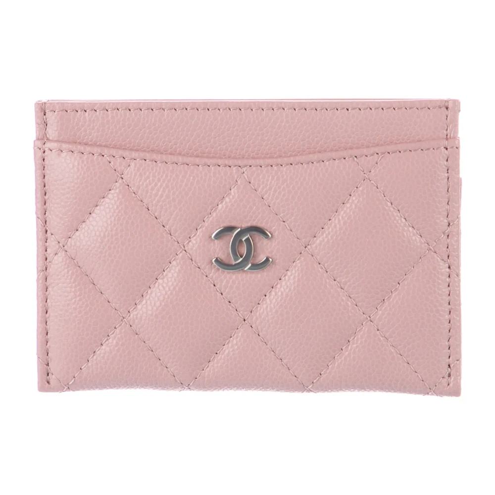 Chanel Porta-Cartões Pequeno Rosa Couro Acolchoado Ferragens Prateadas