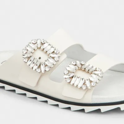 Roger Vivier Slidy Viv' Mules Sandals In White Leather With Crystal Buckle