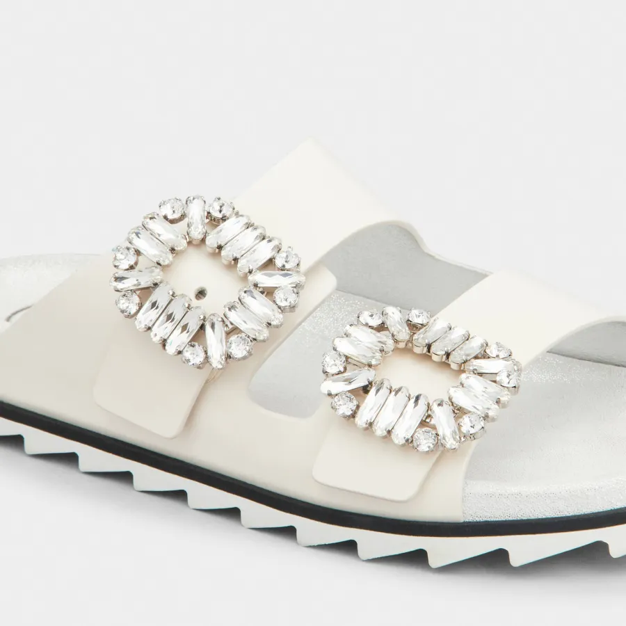 Roger Vivier Slidy Viv' Mules Sandals In White Leather With Crystal Buckle