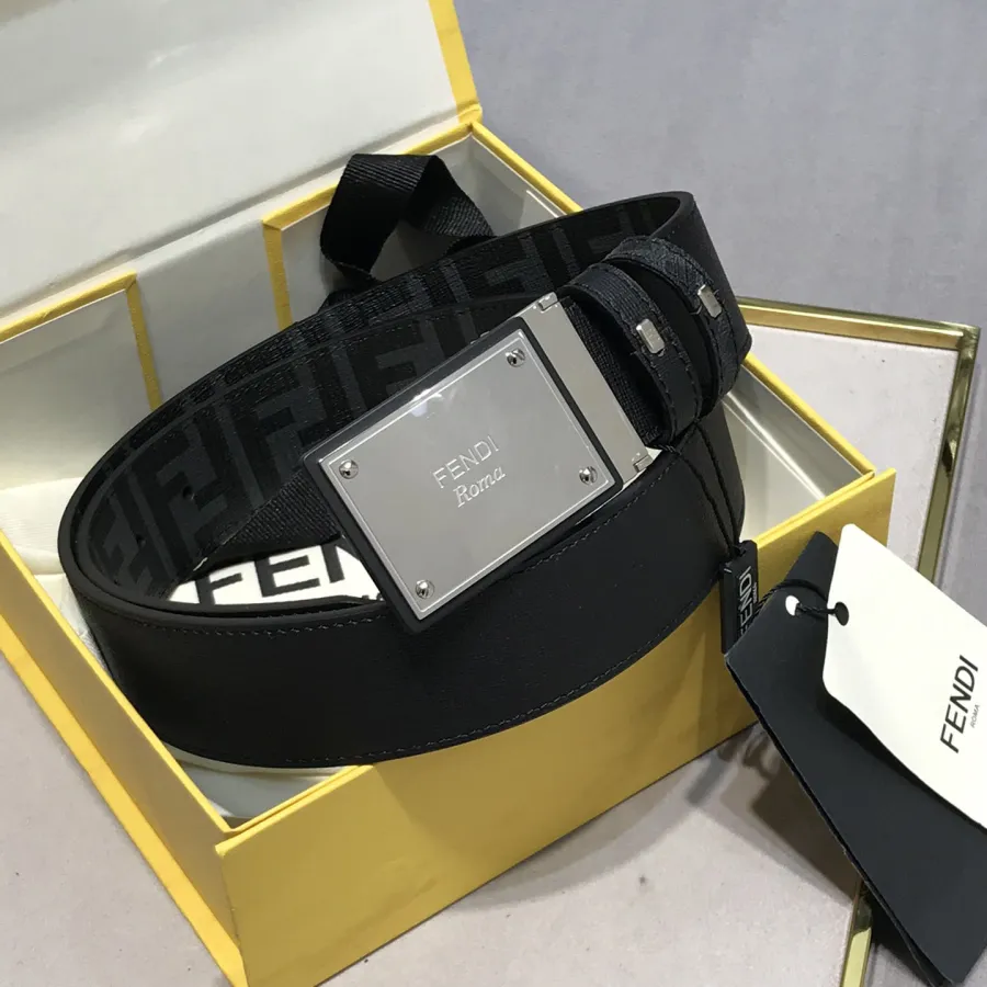 Fendi Men's Rectangle Buckle Belt In Black/Brown/Red Calfskin And Monogram Canvas With Gold/Silver Hardware 38mm