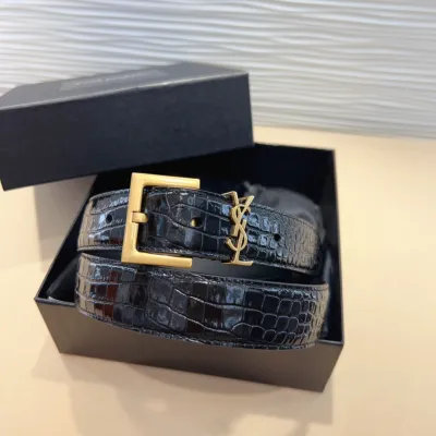 Saint Laurent Cassandre Belt In Black/Beige/Green Crocodile-Embossed Leather With Gold Hardware 30mm