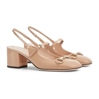 Gucci patent leather Square toed, thick heeled, horseneck buckle, shallow high-heeled shoes