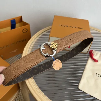 Louis Vuitton Women's Flowergram Round Buckle Reversible Belt In Black/White/Brown Calfskin And Monogram Canvas With Gold/Silver Hardware 30mm