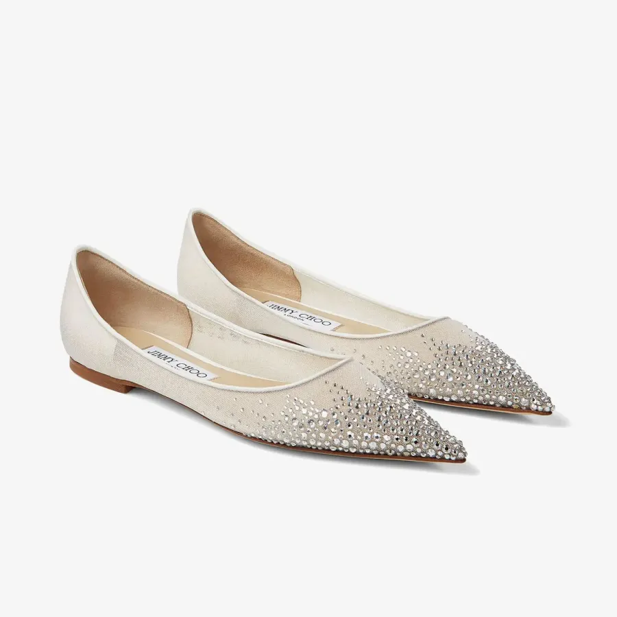 JIMMY CHOO White crystal mesh pointed Flat shoes
