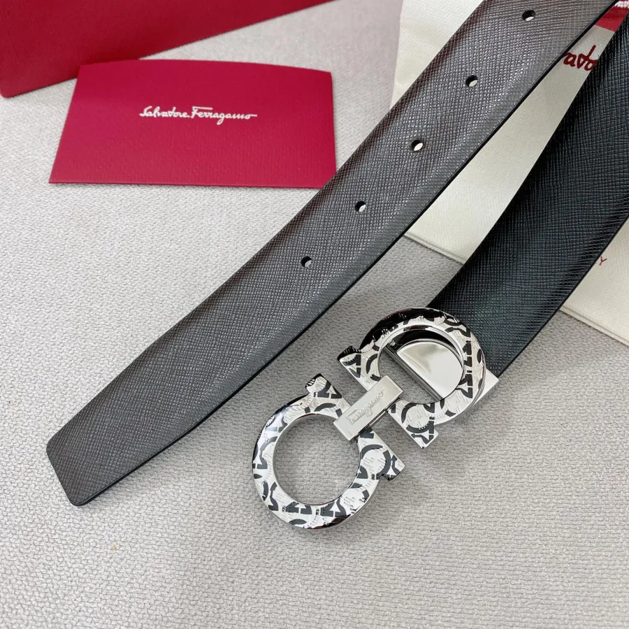 Ferragamo Men's Double Gancini Buckle Belt In Black/Coffee Grained Calfskin With Silver Hardware 35mm