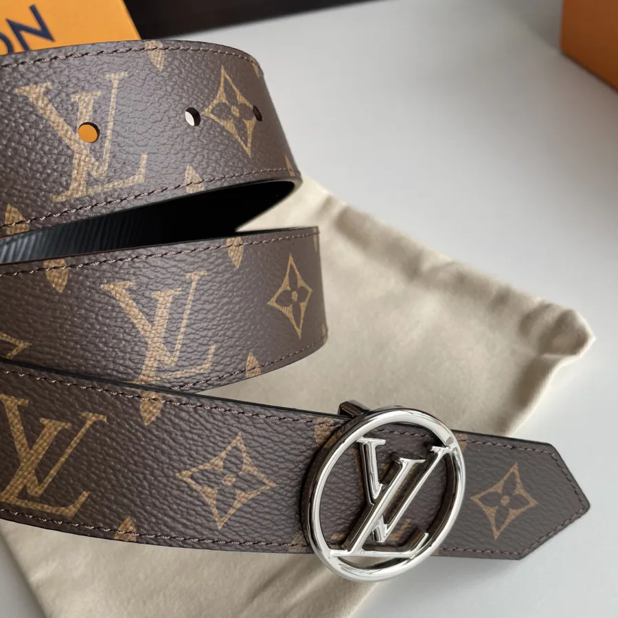 Louis Vuitton Women's Circle Buckle Belt In Black/Red Calfskin And Monogram Canvas With Gold/Silver Hardware 35mm