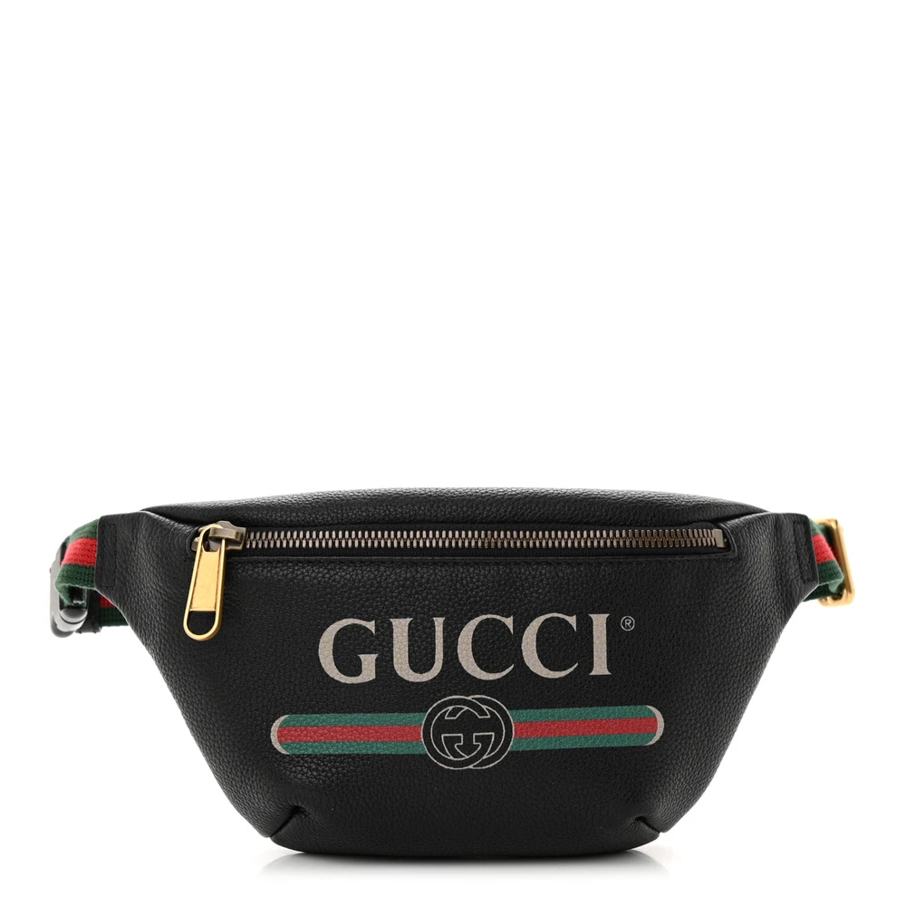 Gucci Bolsa Cinto Pequena com Logo Preto em Couro Calfskin Grained Hardware Dourado Envelhecido