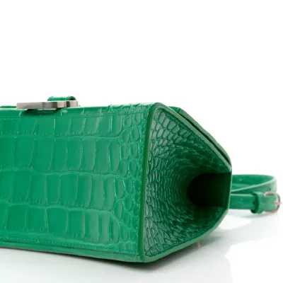 Balenciaga Small Hourglass Top Handle Bag Leaf Green Crocodile Embossed Shiny Calfskin Leather Silver Hardware