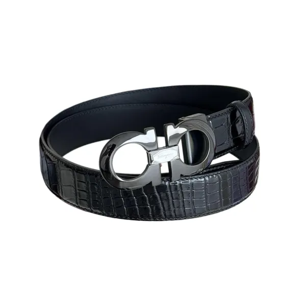 Ferragamo Men's Double Gancini Buckle Reversible Belt In Black Crocodile-Embossed Calfskin With Gold/Silver/Black Hardware 35mm - Image 7