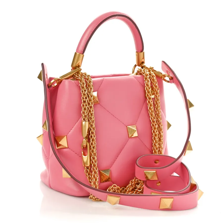 Valentino Garavani Small Roman Stud The Handle Bag Flamingo Pink Nappa Leather Gold Hardware