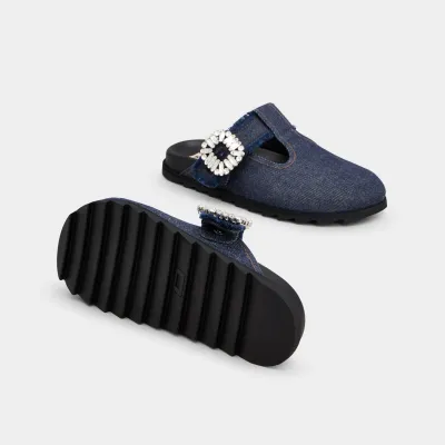 Roger Vivier Slidy Viv' Mules Birkenstocks In Blue Denim With Crystal Buckle