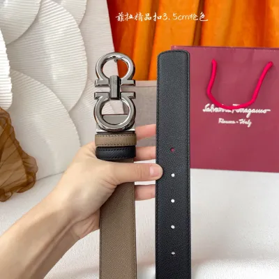 Ferragamo Men's Double Gancini Buckle Reversible Belt In Khaki/Black Calfskin With Gold/Silver/Gun Black Hardware 35mm