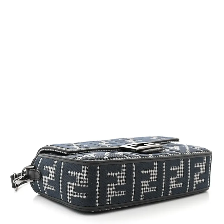 Fendi FF Embroidered Baguette Grigio / Anthracite Houndstooth Wool & King Vitello Leather Ruthenium Hardware