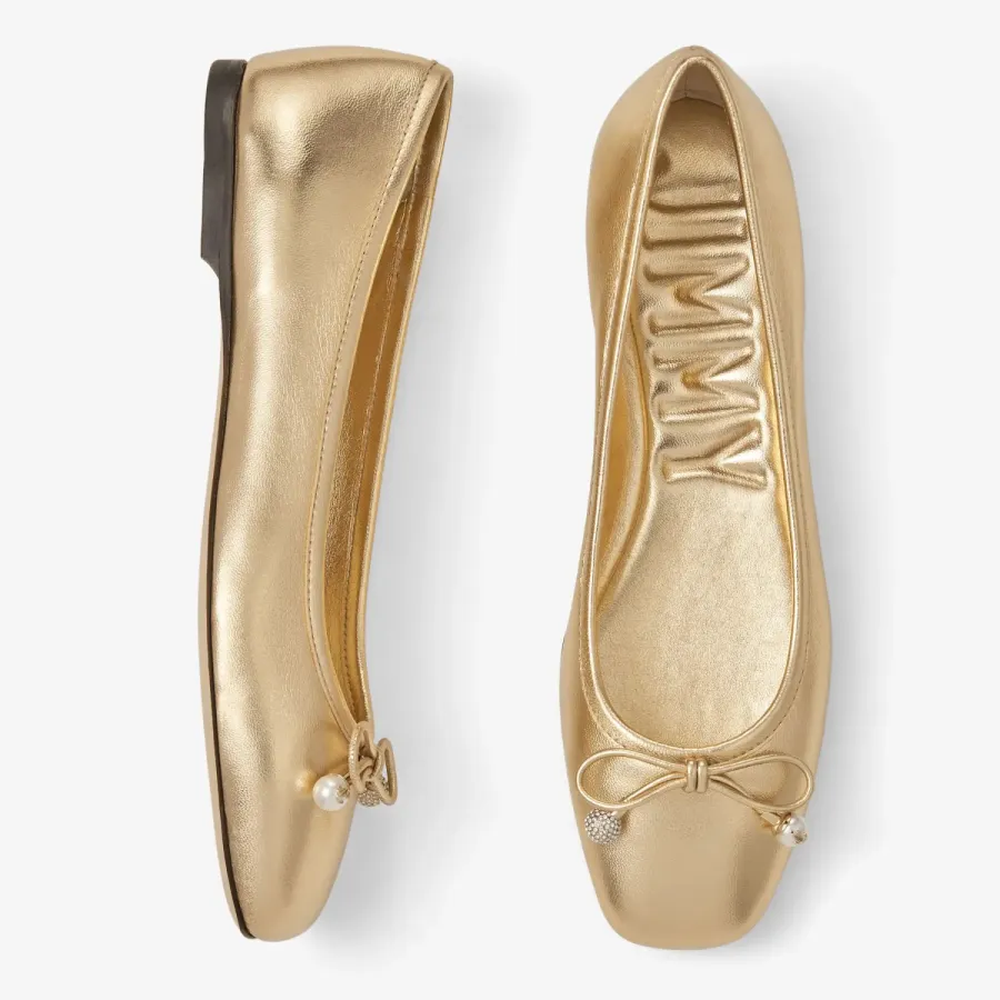 JIMMY CHOO Pearl embellish gold metallic texture Napa sheep-leather flats