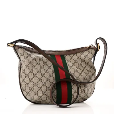 Gucci Small Web Ophidia Half Moon Hobo Brown GG Supreme Monogram Canvas Gold Hardware