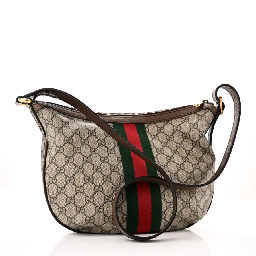 Gucci Small Web Ophidia Half Moon Hobo Brown GG Supreme Monogram Canvas Gold Hardware