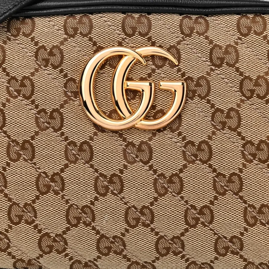 Gucci Small Diagonal GG Marmont Chain Shoulder Bag Beige/Black GG Monogram Canvas & Matelassé Leather Gold Hardware