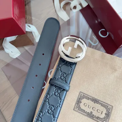 Gucci Men's Interlocking G Buckle And Interlocking G Belt In Black/Brown Marmont In Calfskin/Canvas With Gold/Silver Hardware 40mm