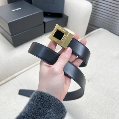 Saint Laurent Square Buckle Belt In Black/Burgundy Calfskin With Gold Hardware 30mm