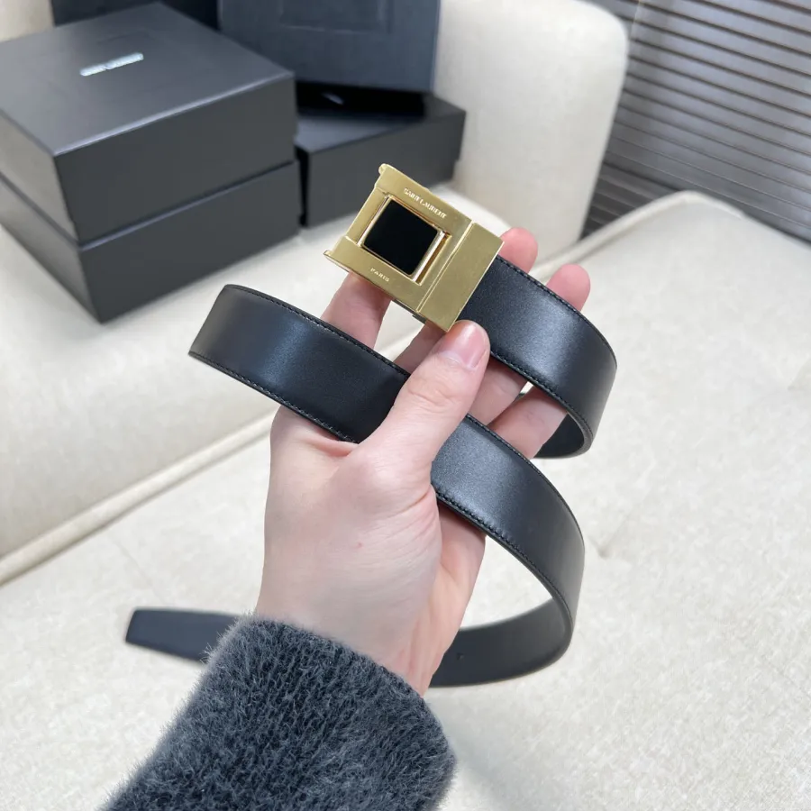 Saint Laurent Square Buckle Belt In Black/Burgundy Calfskin With Gold Hardware 30mm