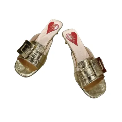 Roger Vivier Viv' Canard Mules Sandals In Gold/Silver Leather With Lacquered Metal Buckle (Heel Height 5.5cm)