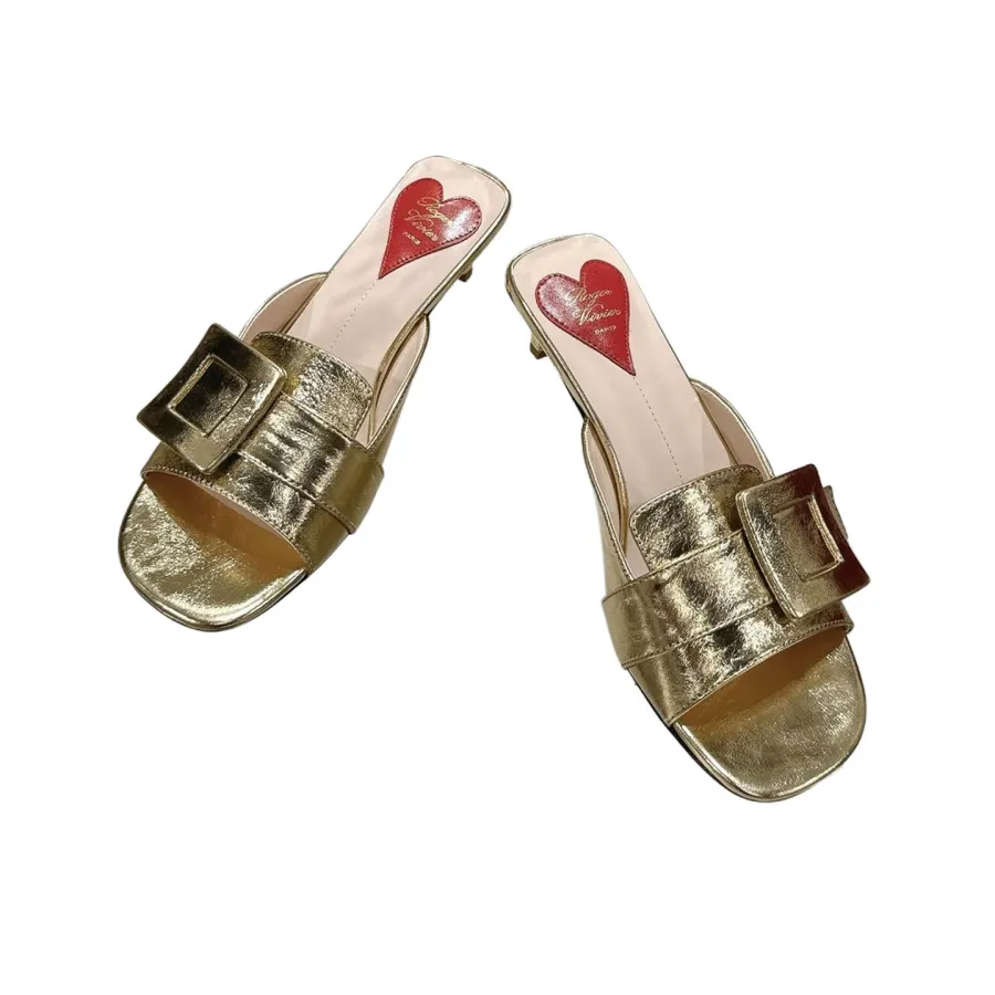 Roger Vivier Viv' Canard Mules Sandals In Gold/Silver Leather With Lacquered Metal Buckle (Heel Height 5.5cm)