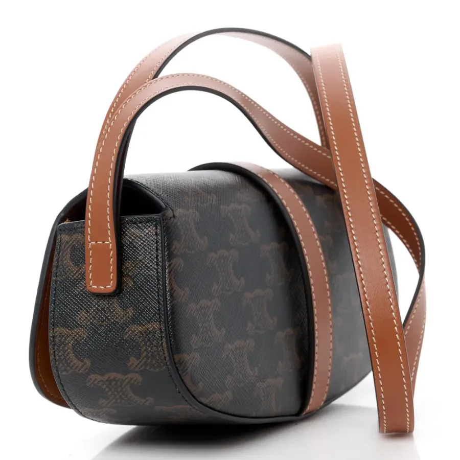 Celine Small Tabou Clutch on Strap Tan Triomphe Canvas & Calfskin Leather Gold Hardware