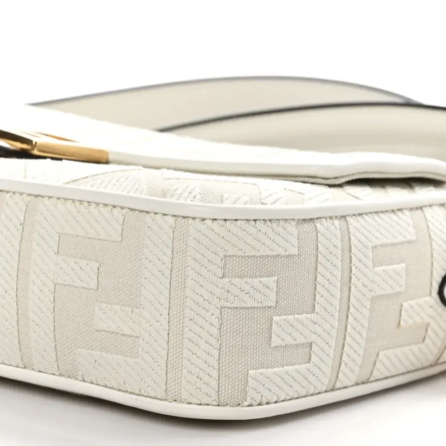 Fendi Extra Strap FF Embroidered Baguette White Ice Canvas & King Vitello Leather Gold Hardware