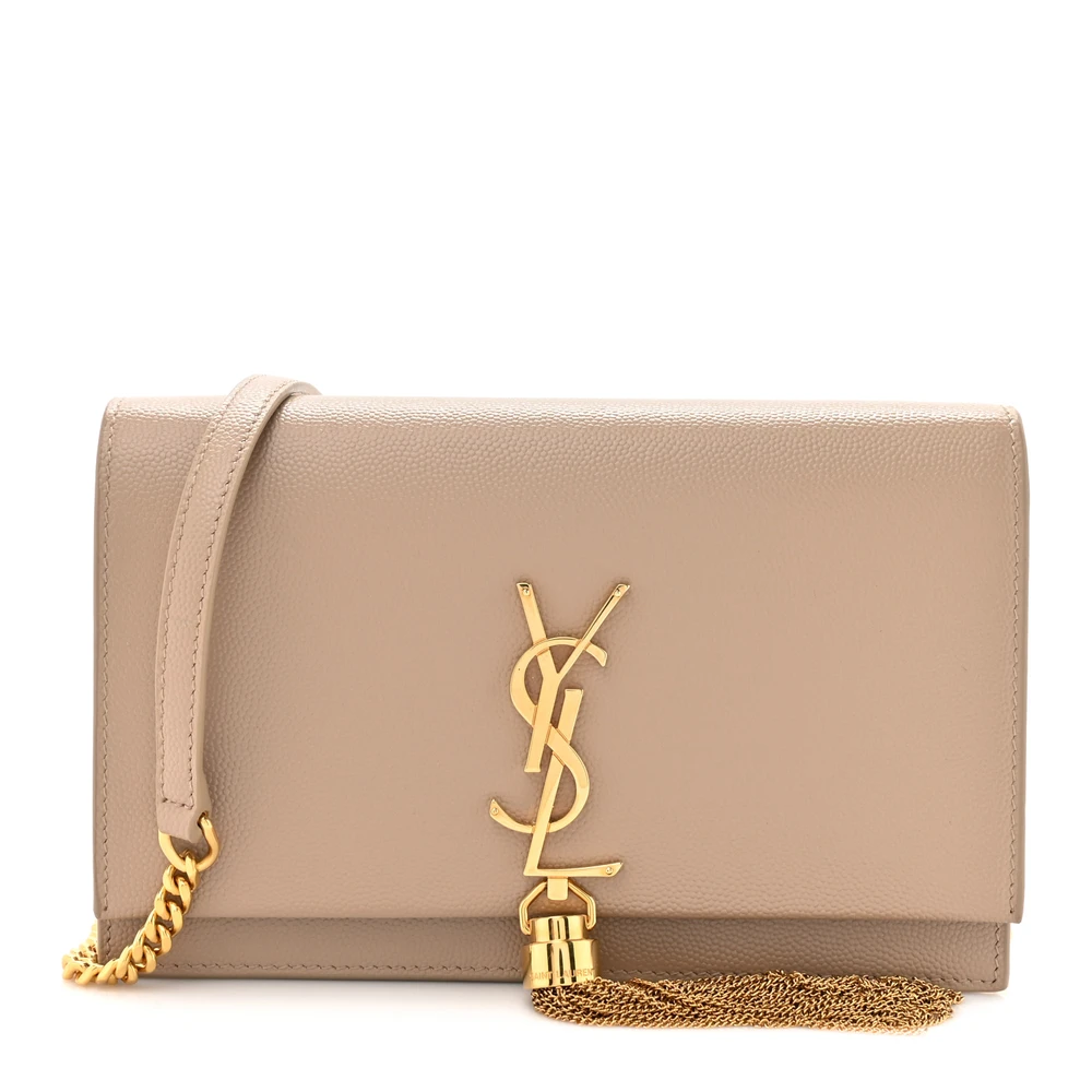 Saint Laurent Small Kate Tassel Chain Wallet Dark Beige Classic Monogram Grain De Poudre Leather Gold Hardware