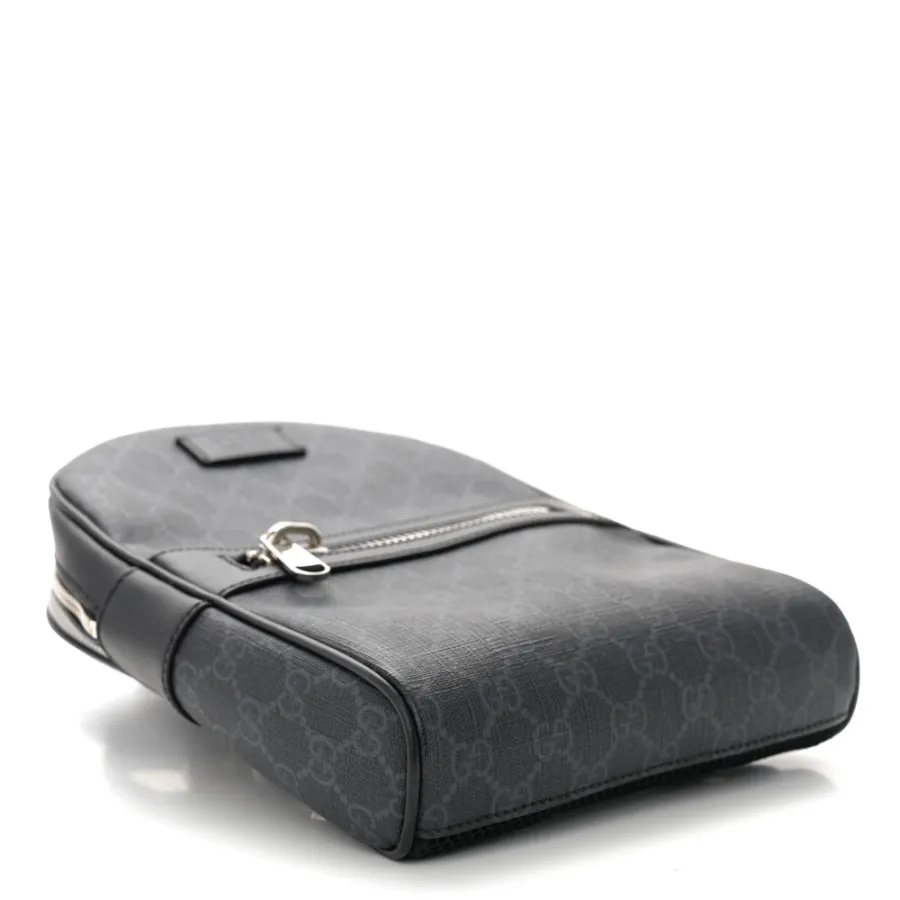 Gucci Medium Sling Backpack Black/Grey GG Supreme Monogram Canvas & Calfskin Leather Silver Hardware