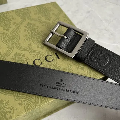 Gucci Men' s Square Buckle Belt In Black GG Grained Calfskin With Gold/Silver Hardware 35mm