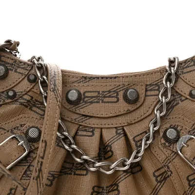 Balenciaga BB Le Cagole Mini Purse With Chain Beige/Brown Coated Canvas Monogram Silver Hardware