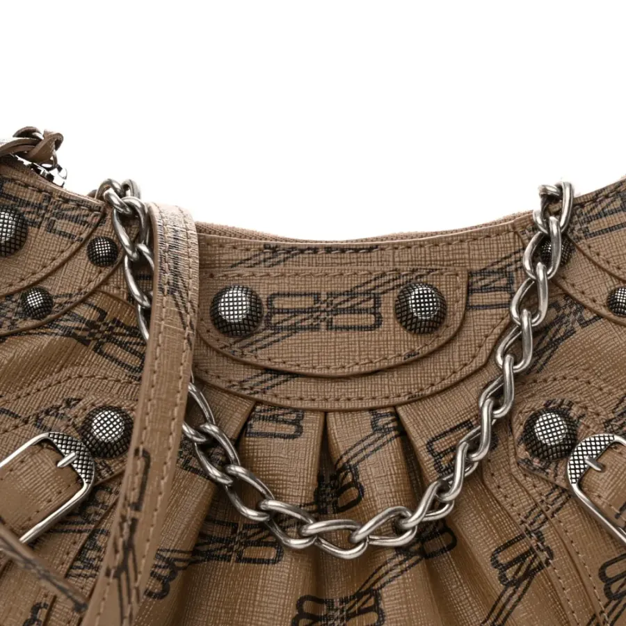 Balenciaga BB Le Cagole Mini Purse With Chain Beige/Brown Coated Canvas Monogram Silver Hardware