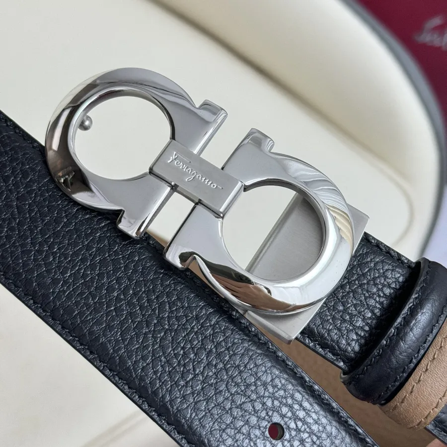 Ferragamo Men's Double Gancini Buckle Reversible Belt In Black/Brown Grained Calfskin With Gold/Silver/Black Hardware 35mm