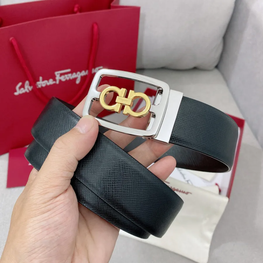 Ferragamo Men's Square Buckle Belt In Black/Coffee Grained Calfskin With Gold/Silver Hardware 35mm