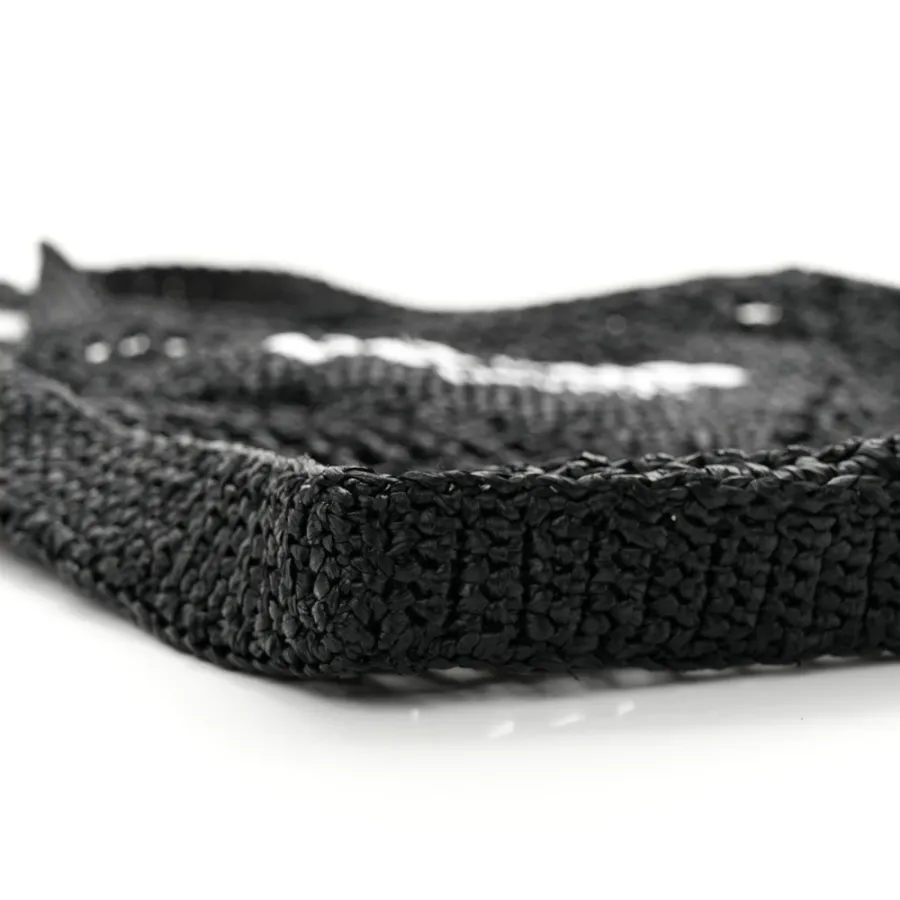Prada Medium Effect Crochet Logo Embroidered Tote Bag Black Yarn Raffia