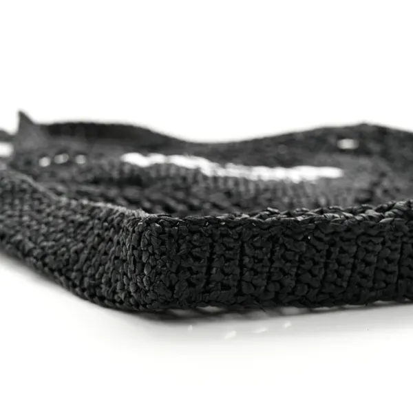 Prada Medium Effect Crochet Logo Embroidered Tote Bag Black Yarn Raffia - Image 4