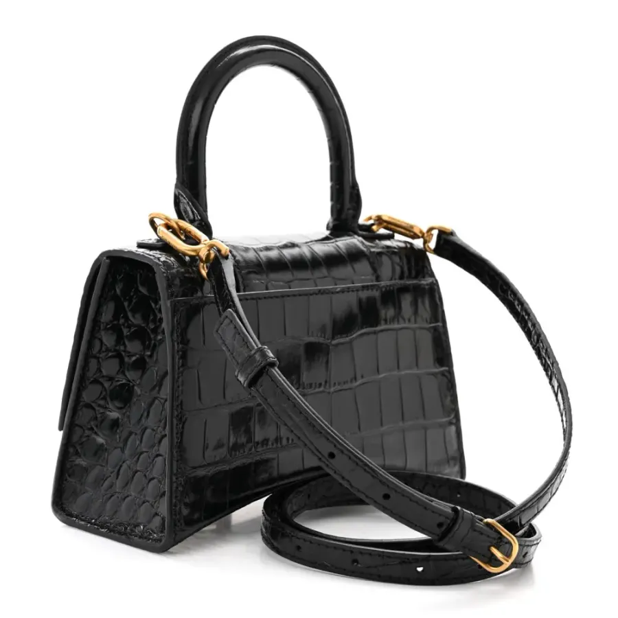 Balenciaga XS Hourglass Top Handle Bag Black Crocodile Embossed Shiny Calfskin Leather Gold Hardware