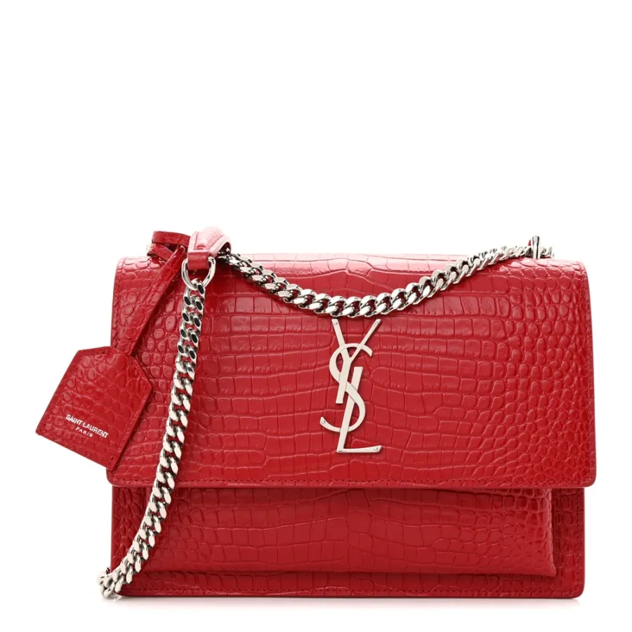 Saint Laurent Medium Sunset Bag Rouge Eros Embossed Monogram Calfskin & Crocodile Leather Silver Hardware
