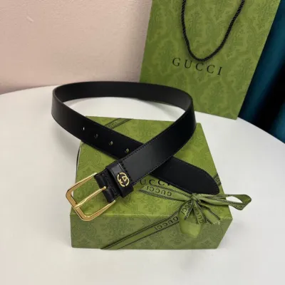 Gucci Men's Square Buckle And Interlocking G Belt In Black/Brown Calfskin With Gold/Silver Hardware 35mm