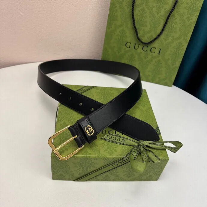 Gucci Men's Square Buckle And Interlocking G Belt In Black/Brown Calfskin With Gold/Silver Hardware 35mm